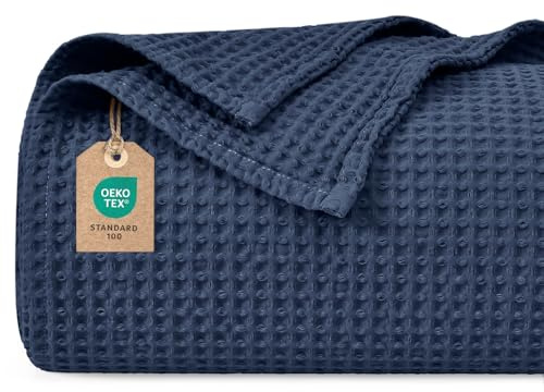 PHF Couverture gaufrée 100 % coton - 220 x 240 cm - Légère et respirante - Parfaite pour toute l'année - Certifié Oeko-TEX - Qualité de linge de lit - Idéal pour le canapé, le lit, bleu marine foncé