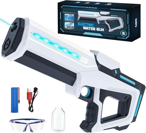 Pistola ad Acqua Elettrica per Bambini e Adulti, Portata 8 m, Giocattolo ad Acqua a Batteria con Serbatoio, Luci LED, Ricarica Automatica, Giochi Estivi per Piscina Spiaggia Giardino (8–10 Anni)