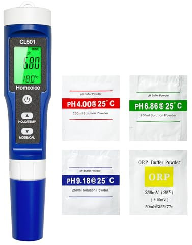 Homcoice pH Chlor Messgerät Pool 5-in-1, pH Chlor ORP H₂ (hidrógeno) Temperatur Meter schnelle und genaue Messung, Wasserqualitätstester für Trinkwasser, Aquarium, Spa, Hydrokultur