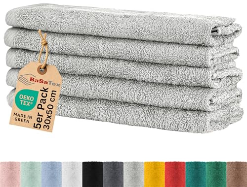 BaSaTex Gästehandtuch Frottee, 5er Pack, 30x50cm, Grau | 100% Baumwolle-Frottee, Öko-Tex Made in Green Zertifiziert, Aufhängeschlaufe, 400gm², saugstark und langlebig