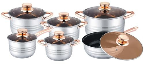 Crystals 12Pcs Stainless Steel Cookware Set with Glass Lids | Durable & Stylish Cookware Set Includes Casserole Pots, Stockpots, Saucepans | Induction Hob & Dishwasher Safe – Mirror Finish