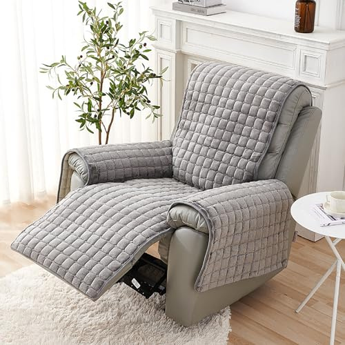 Recliner Chair Cover Sofa Armrest: Armchair Covers with Pockets and Elastic Strap Washable Furniture Protector Headrest Cover Plush Non Slip for Kids Pets (grey)