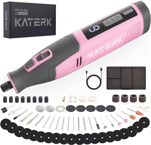 Katerk Outils Rotatifs Multifonction, 6 Vitesses 8000-28000 tr/min, Mini Perceuse Sans Fil avec 4000 mAh Batterie, 70 Pièces Accessoires pour Sculpture, Polissage, Ponçage, Perçage et Bricolage - Rose
