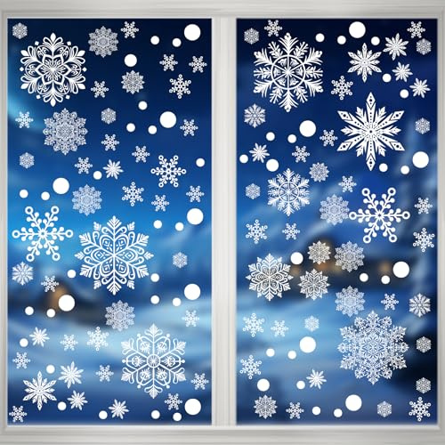 LOMIMOS 248 stycken fönsterbilder jul, snöflingor fönsterbilder jul självhäftande vit fönsterdekoration vinter återanvändbara fönsterklistermärken snöflingor för juldekoration
