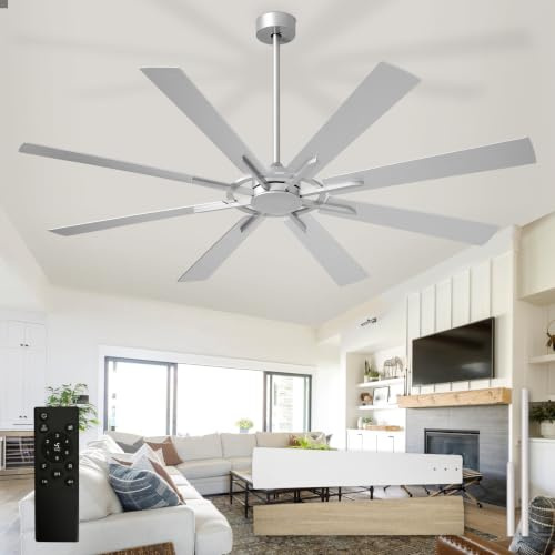 Depuley Ventilador de techo grande sin luz: Ventilador de techo moderno de 72 pulgadas y 8 aspas para exteriores con mando a distancia - Ventilador grande de níquel cepillado sin luz para interiores