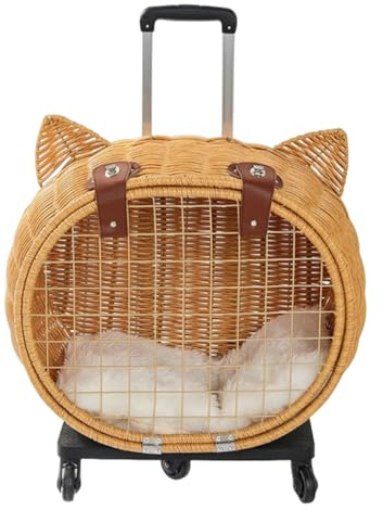 Poussette pour animaux Poignée Télescopique Chariot Respirant Chiot | Poussette Transporteur Petit Chien Rotin Tressé Transport lapin balades, pique-nique, plage