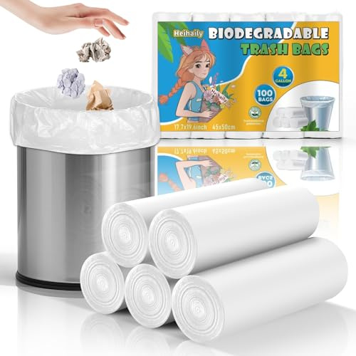 White Biodegradable Kitchen Garbage Bags - Unscented Small Trash Bin Liners 4 Gallon Compostable Recycling Bulk 100 Count Wastebasket Can Bag for Office Toilet Bathroom Heihaily