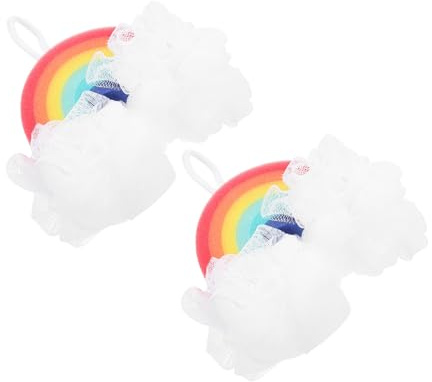 BAZEITFLOW 2 Stück Regenbogen Duschenblume aus Pe mit Hängender Schnur Weicher Badeschwamm für Hautreinigung und Sanftes Peeling für Erwachsene und Kinder