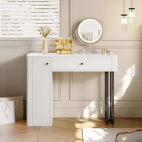 YuQozii Tocador con espejo LED, 1 cajón, 1 puerta, iluminación LED de 3 colores, tamaño: 100 x 116 x 40 cm (sin taburete)