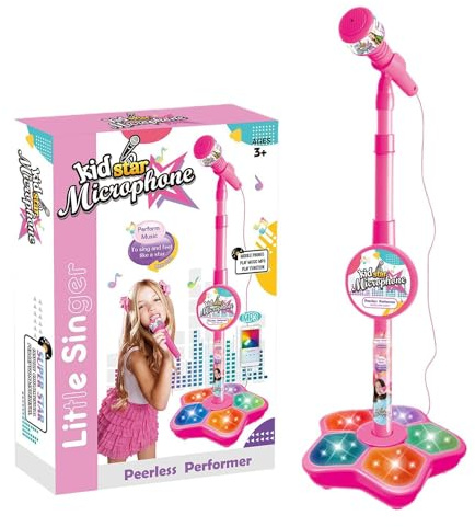 Kids Microphone and Stand, Karaoke Machine Kids, with Adjustable Height & Flashing Stage Lights, Portable Microphone Karaoke Playset, Christmas Party Fun Sing Musical Toy for Girls and Boys (Red)