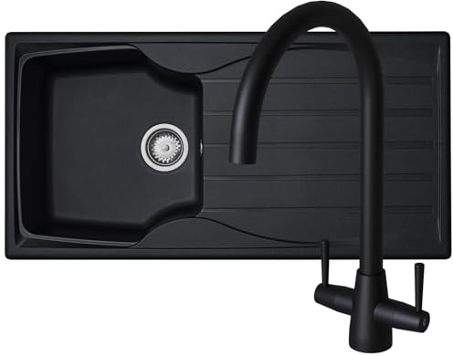 Liquida CMP10BL 1.0 Bowl Reversible Black Kitchen Sink and LU408MB Black Tap
