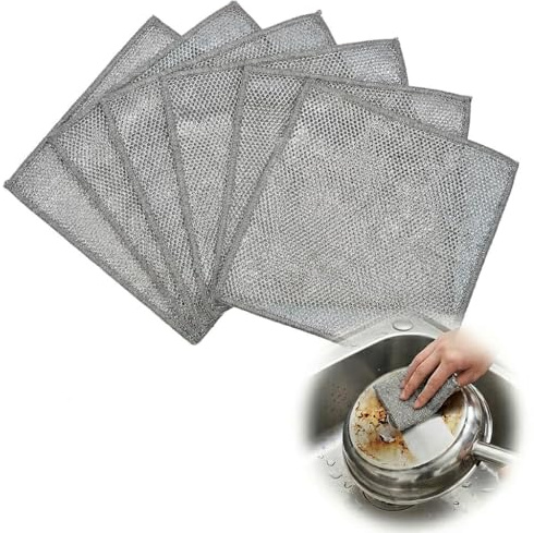 Snugcore 6Pcs Non Scratch Wire Dishcloth, Reusable Silver Mesh Scourers for Kitchen, Dish Washing Scrubber Pads for Pots Pans Sinks Stove Tops, Heavy Duty Cleaning Cloths for Wet and Dry Use