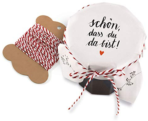 Eine der Guten 25 Marmeladendeckchen - schön, dass du da bist - Gläserdeckchen Weiß mit Blumen für Marmelade, Marmeladengläser & Einmachgläser, Recyclingpapier Abreißblock + 10 m Garn + Justiergummi