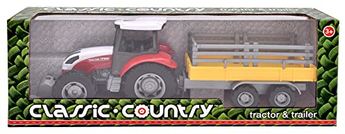CLASSIC COUNTRY from Peterkin | Tractor & Trailer Toy Vehicle | 28cm Red Tractor with opening bonnet and detachable open trailer and free wheeling action | 1:32 Scale | Diecast Vehicles | Ages 3+