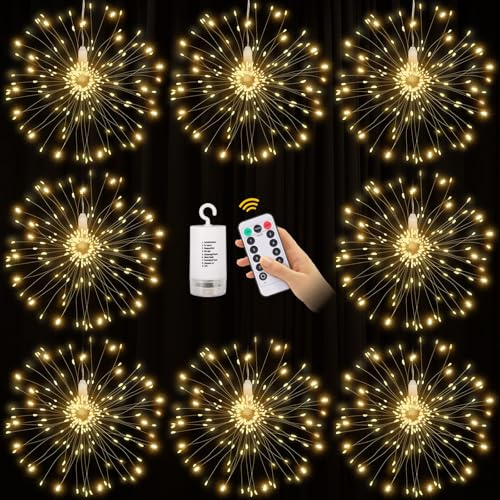 8 Pack Copper Wire Firework Lights, 120 LED String Lights with Remote Control - 8 Modes, Waterproof for Party, Home, Christmas, Garden & Outdoor Decoration