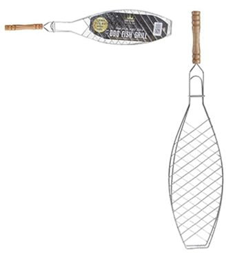 Premium Chrome Plated BBQ Fish Grill Basket with Wooden Handle - 55cm x 13cm (1 Pc.) - Effortless Grilling Experience - Perfect for Fish & Seafood Lovers