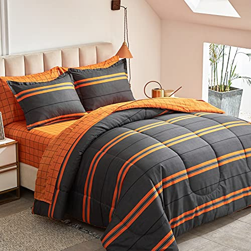 Flysheep Boho Striped Halloween Bed in a Bag 6 Pieces Twin Size, Ombre Bright Orange Stripes on Black Comforter Sheet Set (1 Comforter, 1 Flat Sheet, 1 Fitted Sheet, 2 Pillow Shams, 1 Pillowcase)