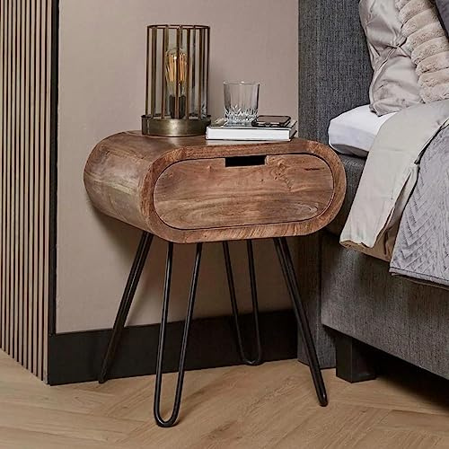 RINGO-Living Massivholz Nachttisch Sanoe mit Schublade, Stauraum Nachttisch Industrial Style, Wohnzimmertisch 60 cm hoch, Nachttisch abgerundete Ecken, Nachttisch Holz & Metall, Nachttisch Hellbraun