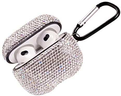 Glitzernde Hülle, kompatibel mit AirPods 3. Generation mit Schlüsselanhänger, stoßfeste Schutzhülle mit Strasssteinen für AirPods 3, Ladehülle (weißes AB)