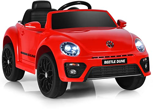 COSTWAY Coche Eléctrico Volkswagen Beetle para Niños y Niñas, Coche de Batería con Control Remoto, Luces, Asiento Cómodo, Doble Puerta, Música, Vehículo Motorizado para Niños y Niñas (Rojo)