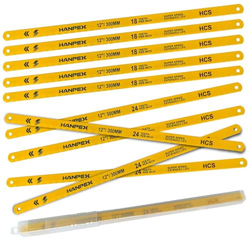 Hanpex 300mm Hacksaw Replacement Blades Set (10 Pack) High Speed 12 Length Hack Saw Blade - High Carbon Steel (HCS) Cutting Blades