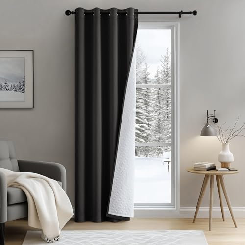 MIULEE Extra Thick Thermal Curtains Eyelet, Insulated Curtains with Quilted Lining for Winter, 1 Panel Heavy Curtain for Bedroom Living Room Doorways, Black Draft Excluder Curtain for Doors 46x 90