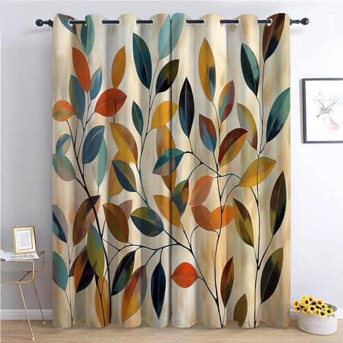 Mörkläggningsgardiner för sovrum vattenfärg färgglada löv öljettgardiner 2 paneler draperier supermjuka brusreducerande gardiner för barn och vuxna lekrumsdekorationer, 233 x 228 cm