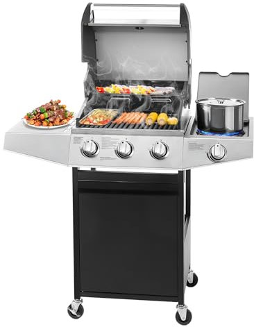 Unovivy 3-brännare propan gas BBQ grill med sidobrännare och porslin emaljerade gjutjärnsgaller inbyggd termometer, 39 000 BTU utomhusmatlagning, uteplats, trädgårdsgrill, svart och silver