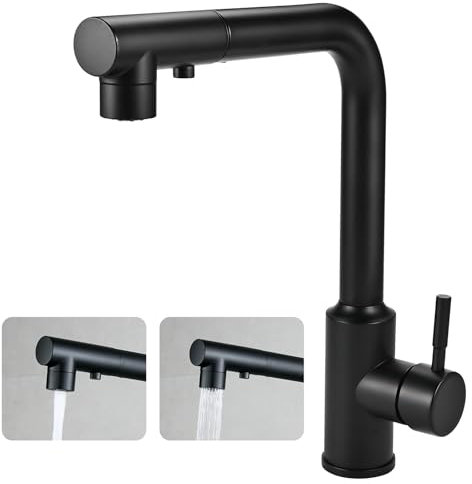 Faburo Rubinetto Lavello Cucina Nero, Miscelatore Cucina con Doccetta Estraibile, Rubinetto Cucina in Acciaio Inox con 3 Modalità, Ruotabile a 360°.