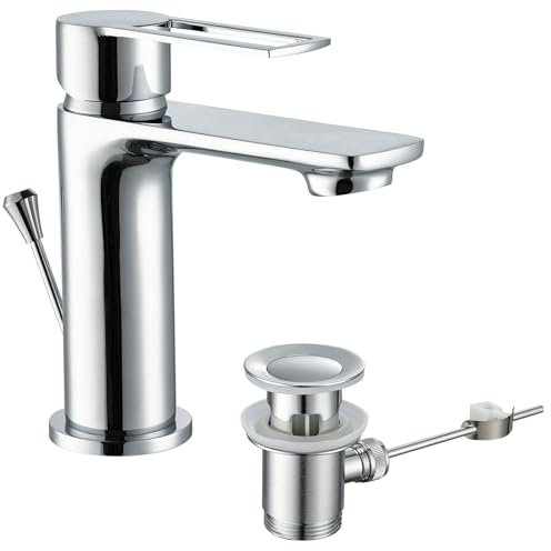 Rubinetto da bagno con asta di trazione, miscelatore monocomando per lavabo con scarico, cromato, miscelatore monocomando per lavabo, miscelatore per bagno
