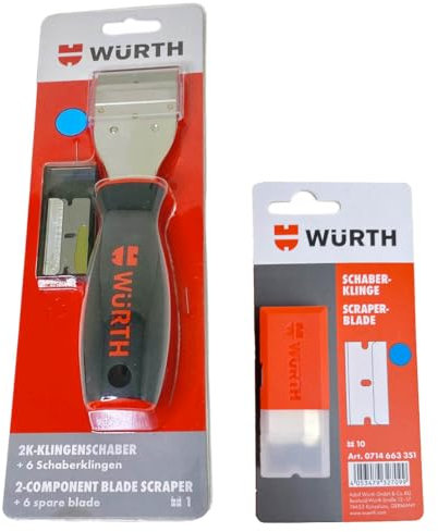 Würth Klingenschaber + 16 Klingen, 2K Griff Klingenschaber 071466335 zum Entfernen von Aufklebern Vignetten Kleberesten von Glasscheiben Glaskochfeldern