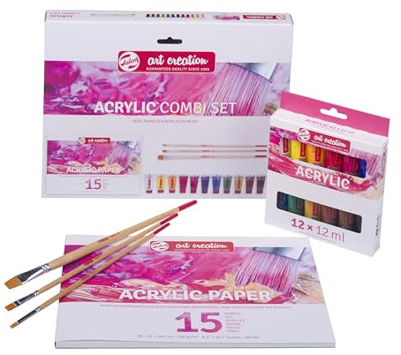 Talens Art Creation Papier Combiset Acrylique, 12 x 12 ml couleurs, 15 feuilles A4, 3 pinceaux, idéal pour les débutants, set de peinture acrylique polyvalent
