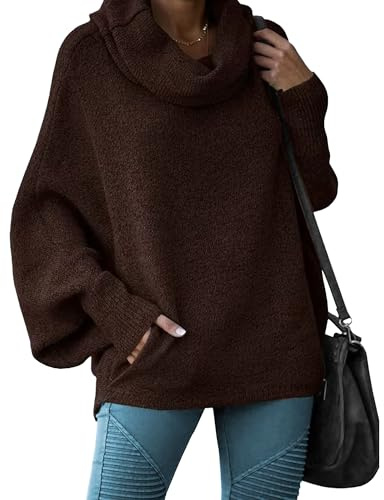 Pull Oversize à col bénitier et Manches Longues Chauve-Souris pour Femme, Pull décontracté en Tricot Ample avec Poches