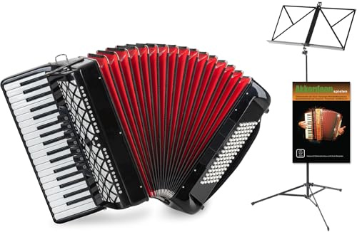 Classic Cantabile Secondo V Akkordeon 96 Bass schwarz hochglanz Set – 37 Diskanttasten, 3-chörig, 5 Register - leicht & robust - Einsteiger Set inkl. Tasche mit Tragegurten, Schule & Notenständer