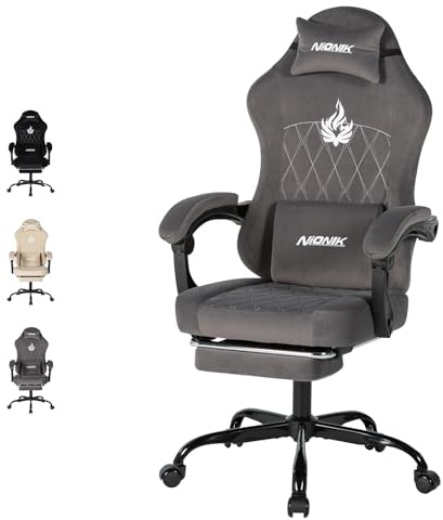 NIONIK Massage Gaming Chair with Footrest, Ergonomic Office Chair with Lumbar Support and Headrest, Breathable Fabric Adjustable Height Computer Seat for Home Office,Gray