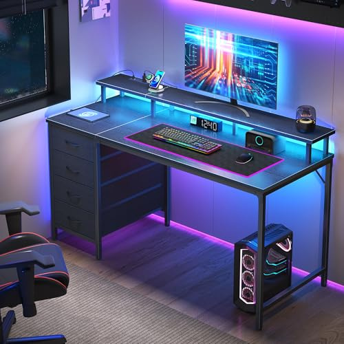 DUMOS 40 Inch Computer Desk with 4 Drawers,4 Drawer Gaming Desk with with Power Outlets and LED Lights,Office Desk for Small Spaces with Monitor Shelf,Writing Desk for Home Office, Bedroom,Study,Black