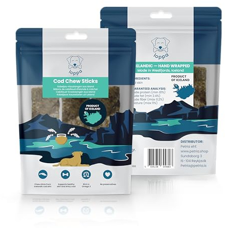 Loppa Treats Isländsk torskhud tuggpinnar för hundar – 100 % torskhud (enkelingrediens) (3-pack 12 cm)