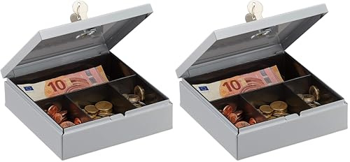 Relaxdays Geldkassette abschließbar, Kasse mit Münzfach, Geldbox mit 2 Schlüsseln, Geldzählkassette, BxT: 17 x 17 cm, grau (Packung mit 2)