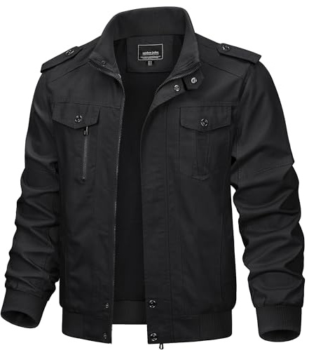 TACVASEN Men's Military Lightweight Jacket Army Cargo Windbreaker Zip Front Stand Collar Cotton Jackets with Multi Pockets Black XL