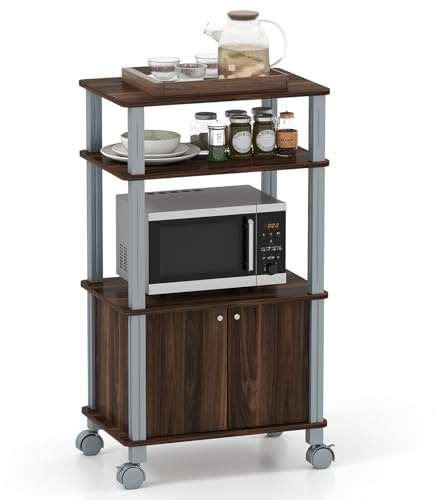 COSTWAY Scaffale da Cucina per Microonde Carrello da Cucina, con Ruote e 2 Ante, Multifunzionale e Movimento Flessibile, 60x40x98 cm (Caffè)