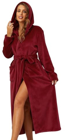 RONGTAI Dam morgonrock plysch fleece huva badrock tjock nattlinne med fickor fluffiga nattkläder, Vinröd, M
