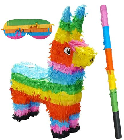 Rainbow Donkey Pinata Childrens Birthday Party Traditional Novelty Game with Bashing Stick & Blindfold