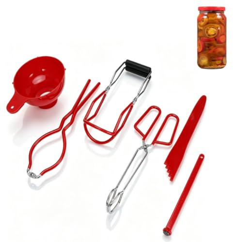 Juego De 6 Kit De Enlatado, 1x Set de iniciación para conservar, Elevador para Tarros Conservas Pinzas Inoxidables Embudos Mermelada de Acero Inoxidable Herramienta Para Quitar Burbujas(Rojo)