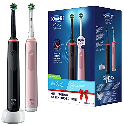 Oral-B PRO 3 Cepillos de Dientes Eléctricos (Pack de 2) con Mangos Recargables, Tecnología Braun y 2 Cabezales de Recambio y Control de Presión, 3900 N, - Rosa/Negro
