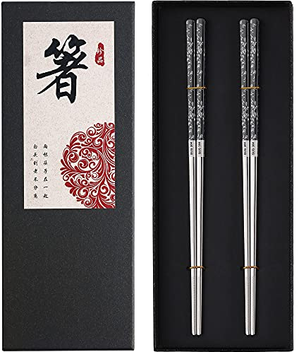 Premium Titanium Plated Stainless Steel Chopsticks - Dishwasher Safe, Non-Slip, Laser Engraved - 2 Pairs Gift Set (Black, Silver)