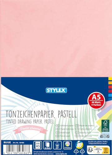 STYLEX 46486 - Tonpapier PASTELL 40 Blatt Bastelpapier A5 | 200 g/m² Papier in 5 verschiedenen Pastellfarben zum Basteln und Verzieren