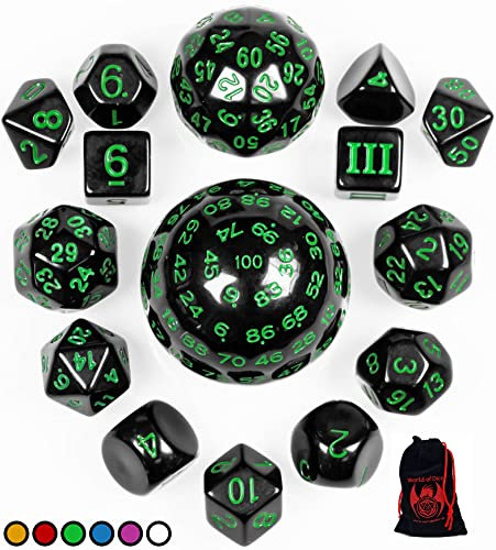 World of Dice - All-in-One Set - 15 Verschiedene polyedrische Würfel, von D100 bis D3, ideal für D&D, DSA, MTG, UVM. (grün)