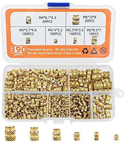 390 Stk Gewindeeinsatz, M2 M2.5 M3 M4 M5 M6 Messing Gewindebuchsen Einbettmutter Sortiment Kit Innengewinde Rändelmuttern mit Kunststoff-Box für Kunststoffteile oder 3D Druckteile durch Ultraschall