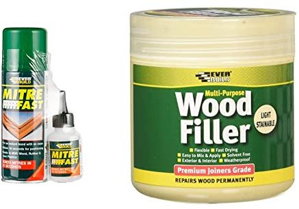 Everbuild Mitre Fast Two Part Instant Bonding Kit, 50g Adhesive & 200ml Activator & EVBMPWFLS250 Multi-Purpose Wood Filler, Light Stainable, 250 ml