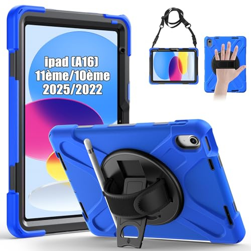 Gerutek Cover per iPad (A16) 11a /10a Gen (11/10,9 Pollici 2025/2022), Blu | Custodia Robusta Antiurto con Supporto Girevole a 360°, Cinghia per Mano/Spalla, Portapenne iPad 10,9 iPad 11 Generazione